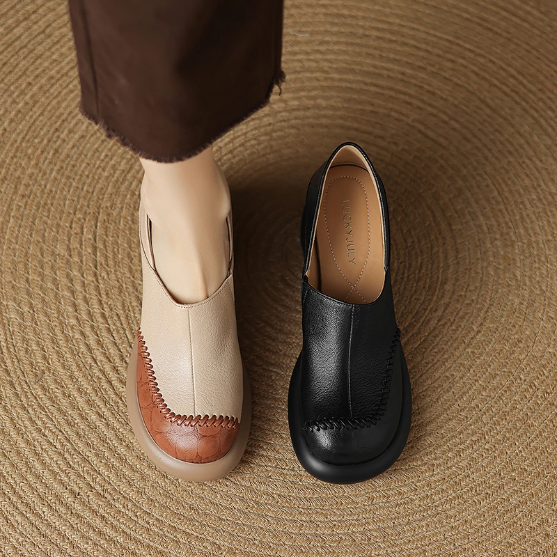 RANBEST 女鞋法式拼色圆头粗跟单鞋女春秋复古真皮深口厚底乐福鞋