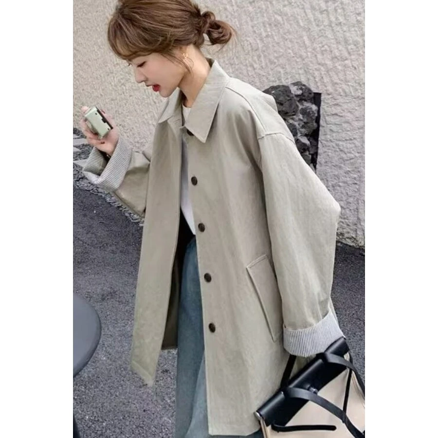 条纹拼接翻领休闲风衣外套女春秋2025新款小个子美式高级感夹克