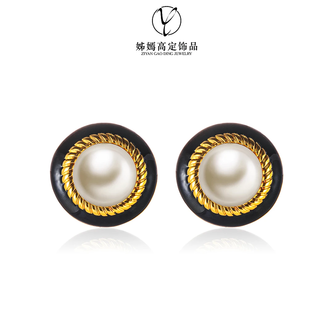 铜合金仿珍珠耳饰 铜合金耳饰【 意大利】花边黑白耳夹vintage款