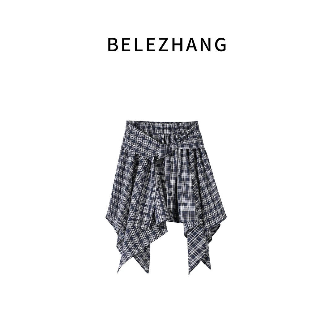 BELE ZHANG【爱情魔鬼鱼】夏季不规则绑带设计感百搭格子短裙 -0968