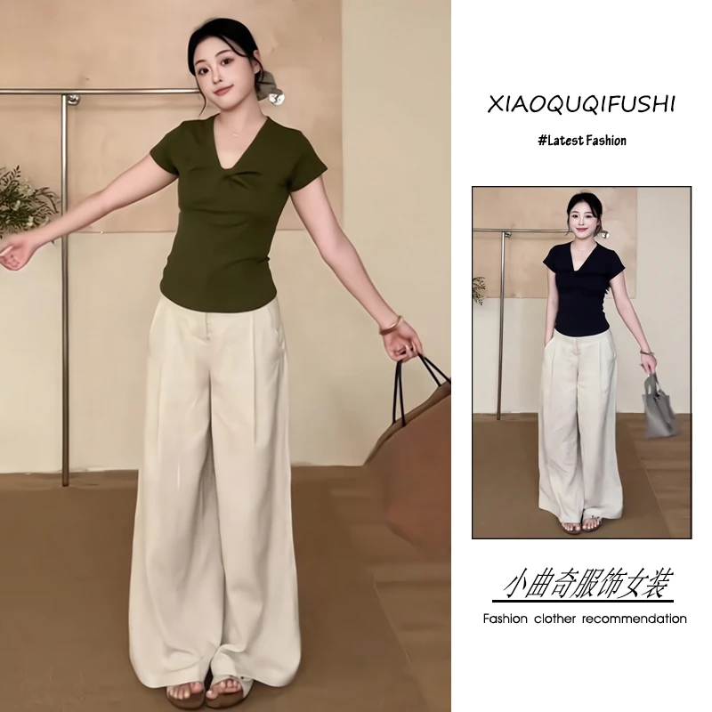 夏季2025新款一整套女装韩系慵懒风穿搭扭结V领短袖阔腿裤两件套