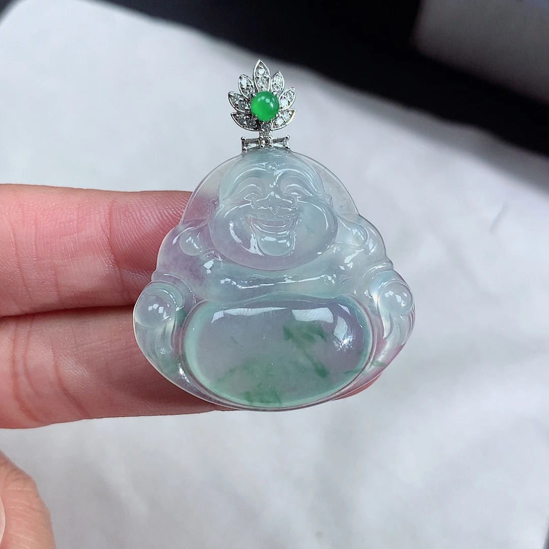 翡翠18K金镶嵌颈饰冰种飘花佛公