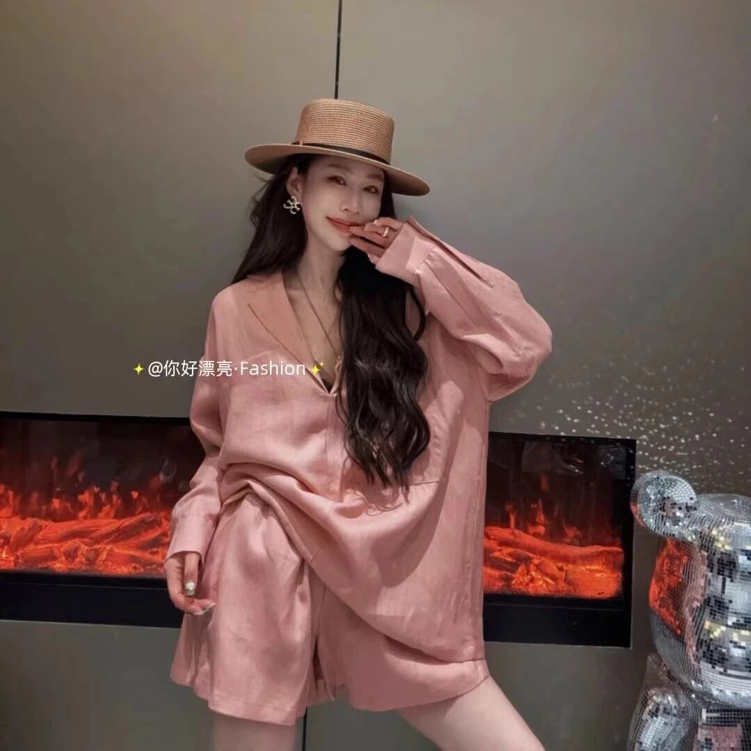 欧洲站秋季薄款两件套休闲风翻领上衣+宽松短裤纯色套装2025新款