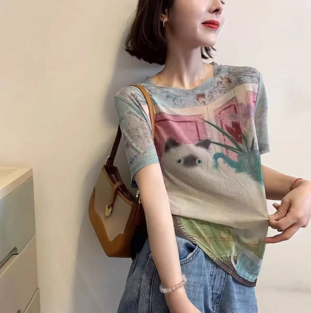 【壁画上的猫】面膜T江南BY爆款3D印染永不褪色宽松夏季短袖女