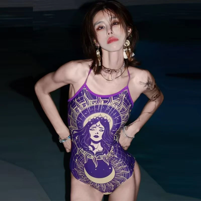 月亮女神深紫色连体细肩带小众露背连体三角专业游泳竞速修身泳衣