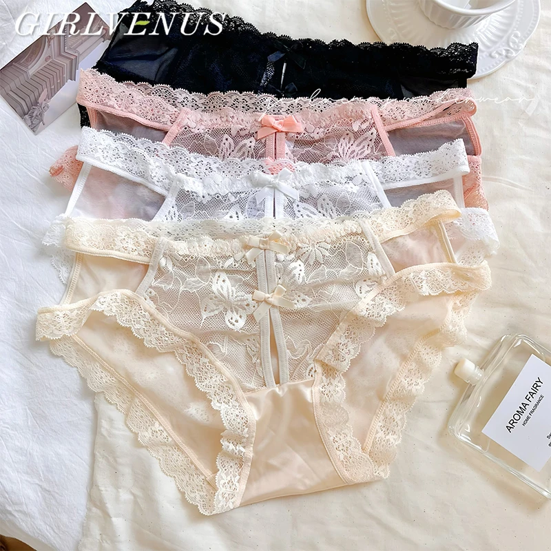 GIRLVENUS网纱薄款蕾丝内裤女双蝴蝶结镂空低腰性感纯欲三角裤女