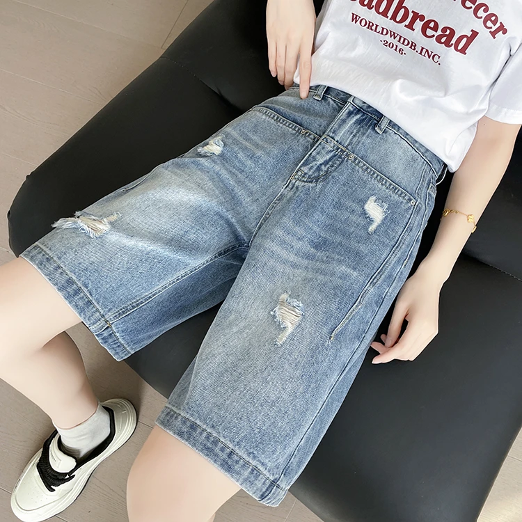 梦冷破洞五分牛仔短裤女2025夏季薄款遮肉休闲宽松四分中裤5分裤