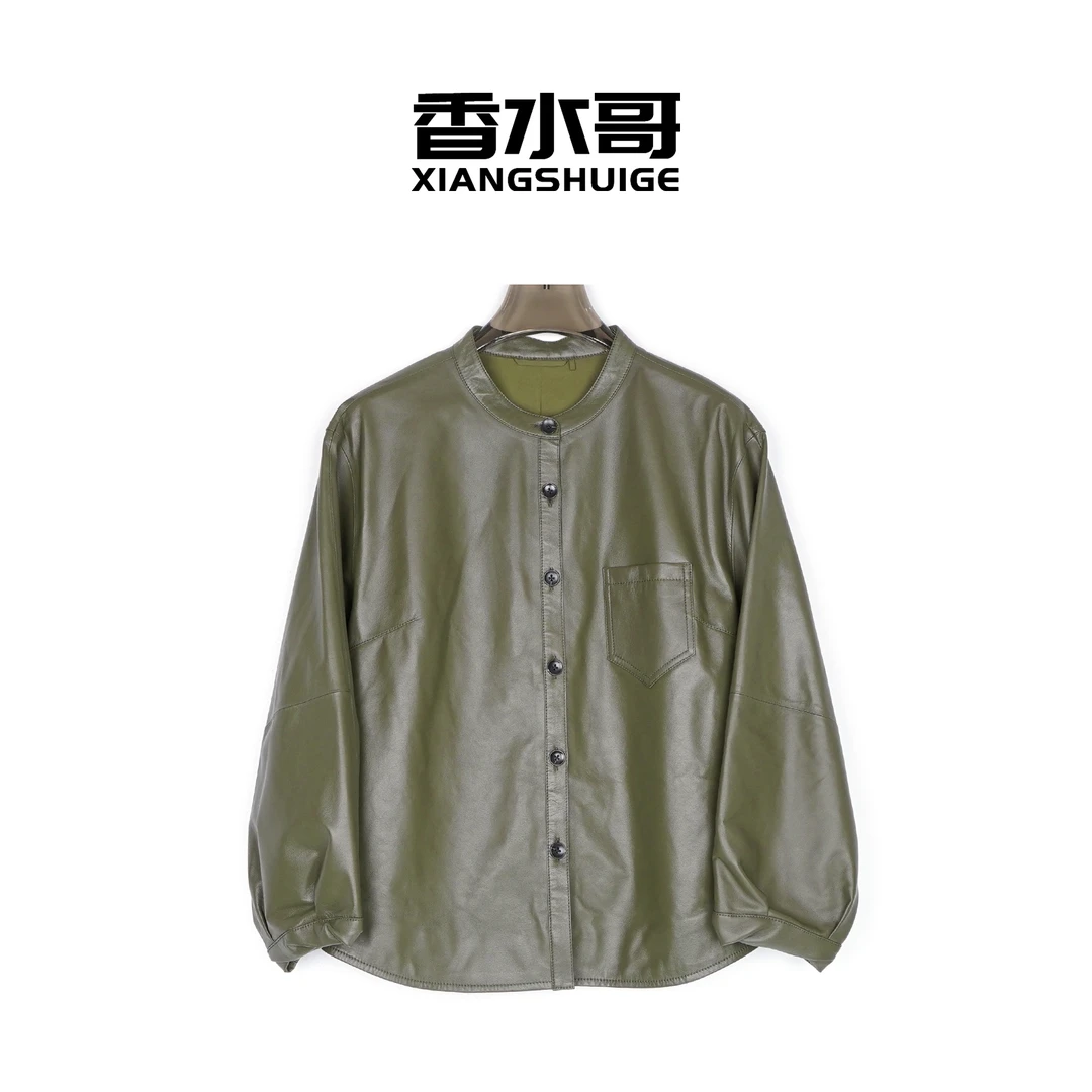 橄榄绿羊皮皮衣2025秋季新品女装经典时髦风夹克复古休闲短外套