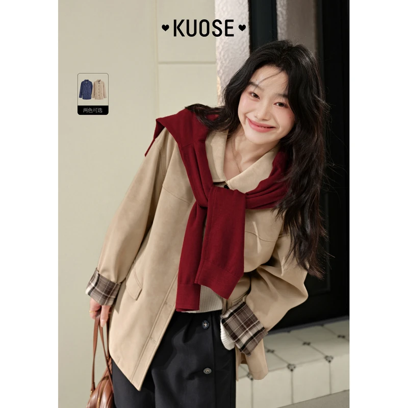 阔色复古中长款皮衣外套女2025春季新款翻领夹克上衣KSQ2412001