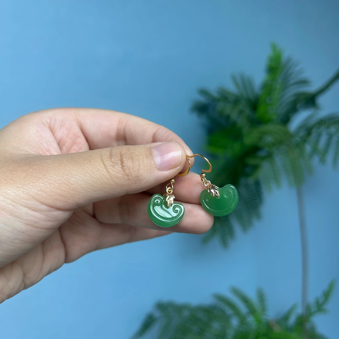 和田玉14k如意元宝耳钩