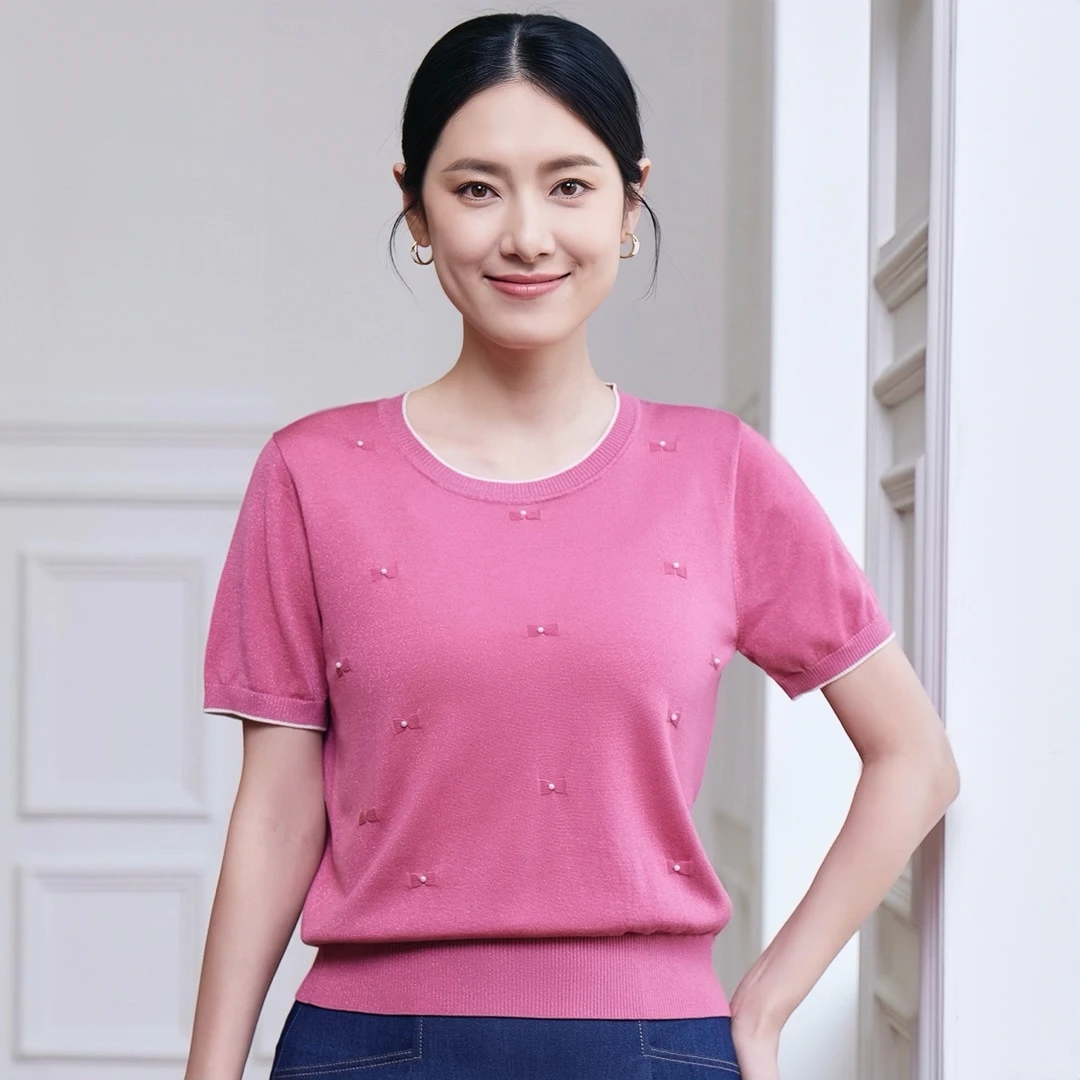 【高档天丝上衣】妈妈装圆领莱赛尔天丝短袖时尚百搭1075