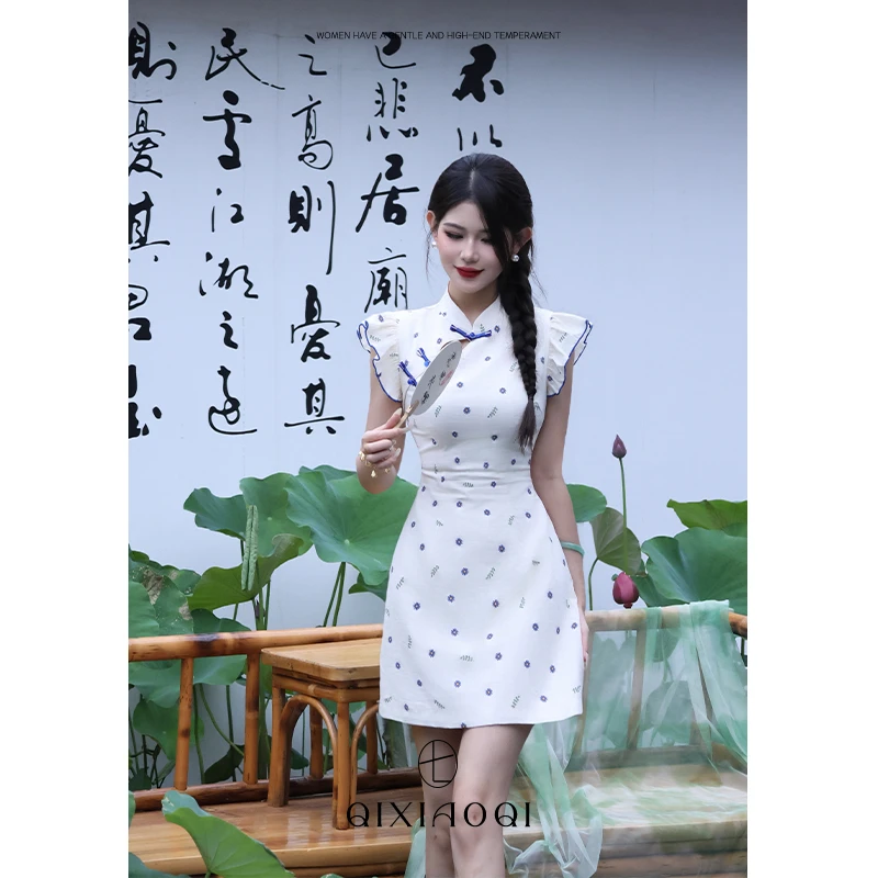 七小七Sicily【兰絮华亭】新中式气质俏皮感飞飞袖旗袍短款连衣裙女