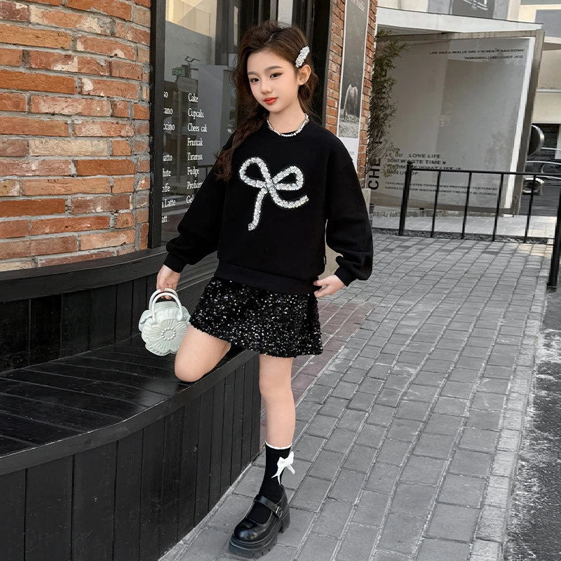 女童亮片蝴蝶结套装女孩春秋洋气韩版中大童春季黑色炸街时髦衣服
