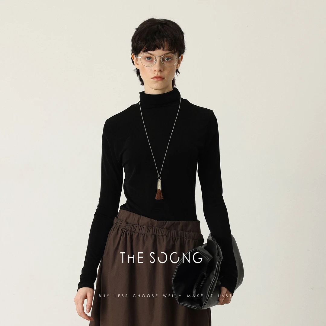 THESOONG|"液态丝绸"醋酸塑身衣弹力显瘦黑色高领打底衫HWTX7341