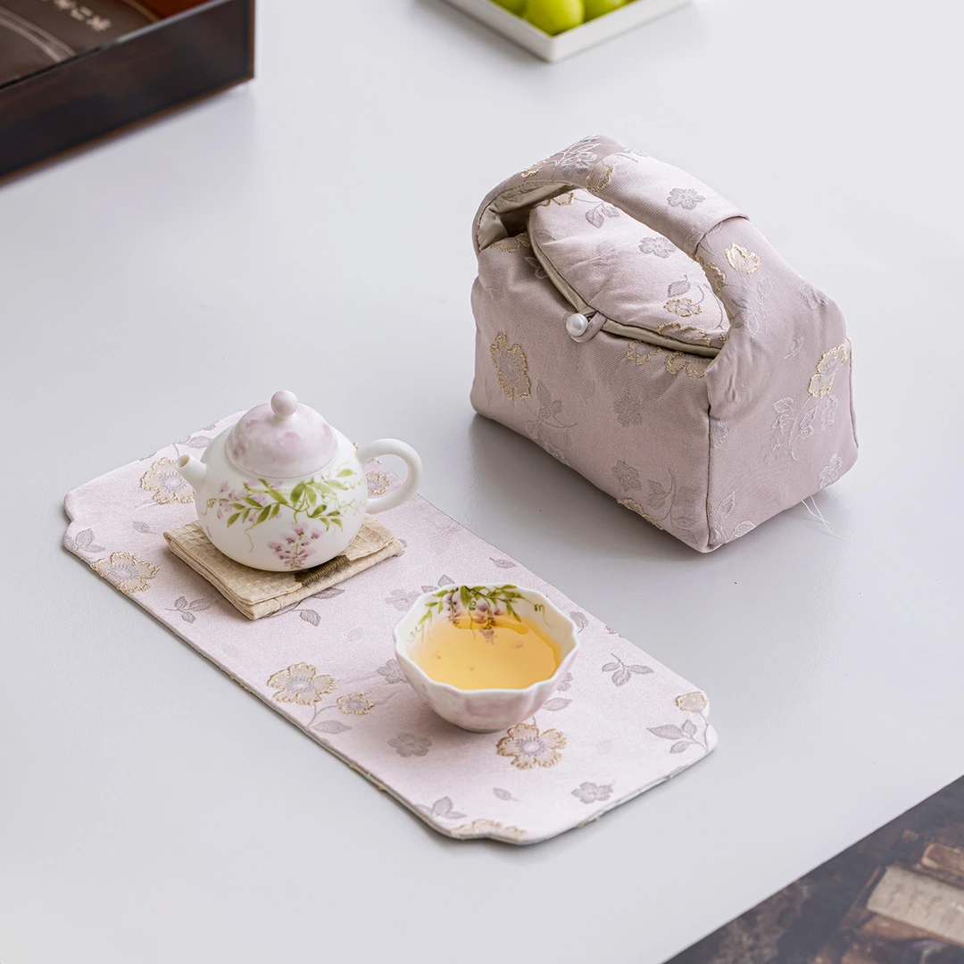 手绘紫藤花茶壶旅行套装茶具外出携带包高颜值便携泡茶壶茶杯送礼