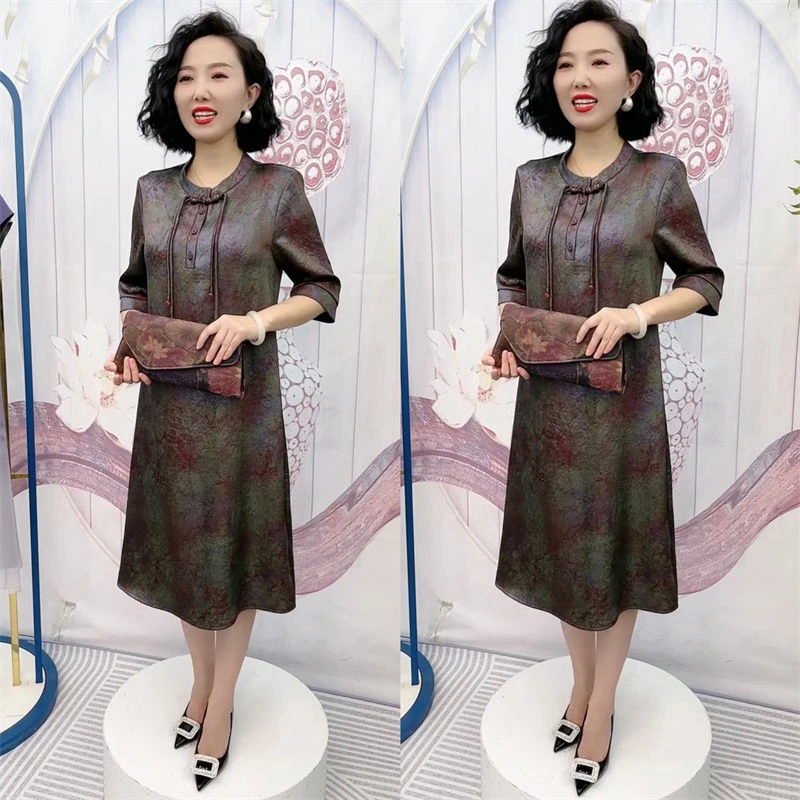 高端夏季提花时尚流苏改良旗袍连衣裙宽松大码遮肚妈妈装长裙