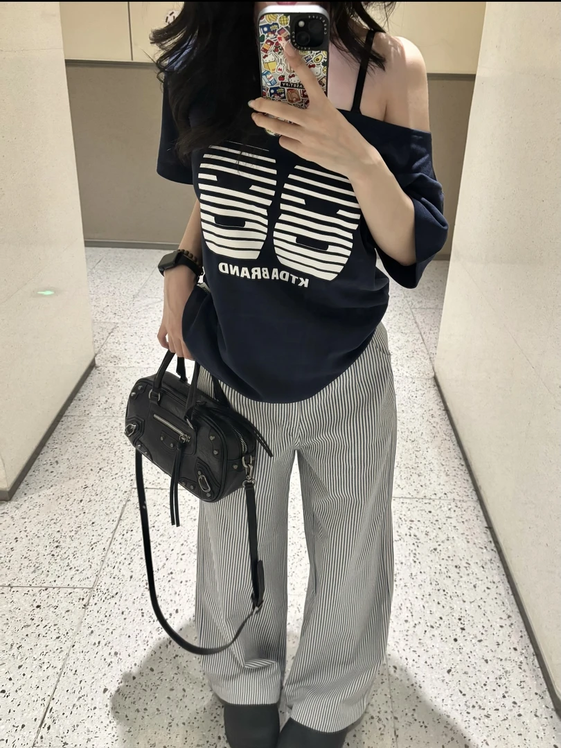 美式辣妹一字露肩短袖t恤女夏季纯棉宽松高级感字母印花斜肩上衣