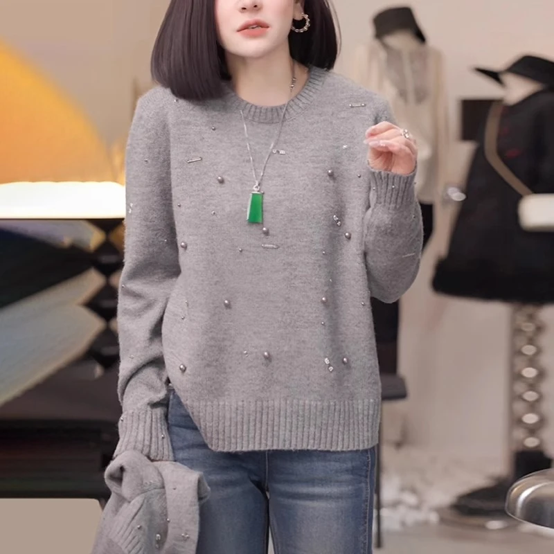 灰色毛衣女秋冬慵懒风宽松重工钉珠洋气内搭打底针织衫设计感上衣