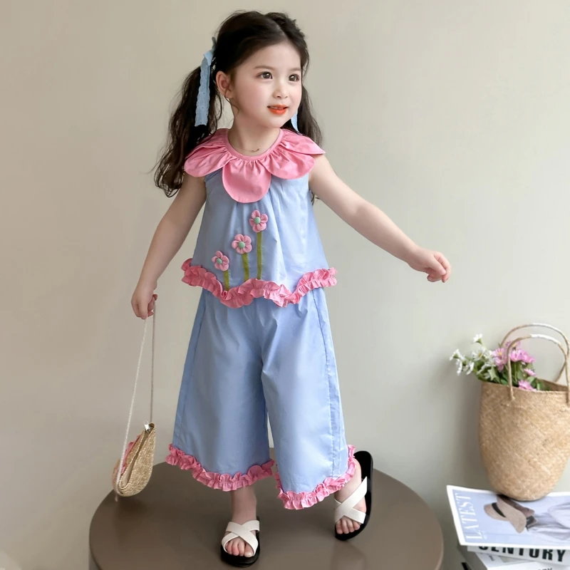 女童花边无袖套装洋气儿童夏季新款女宝宝阔腿裤两件套小女孩时髦