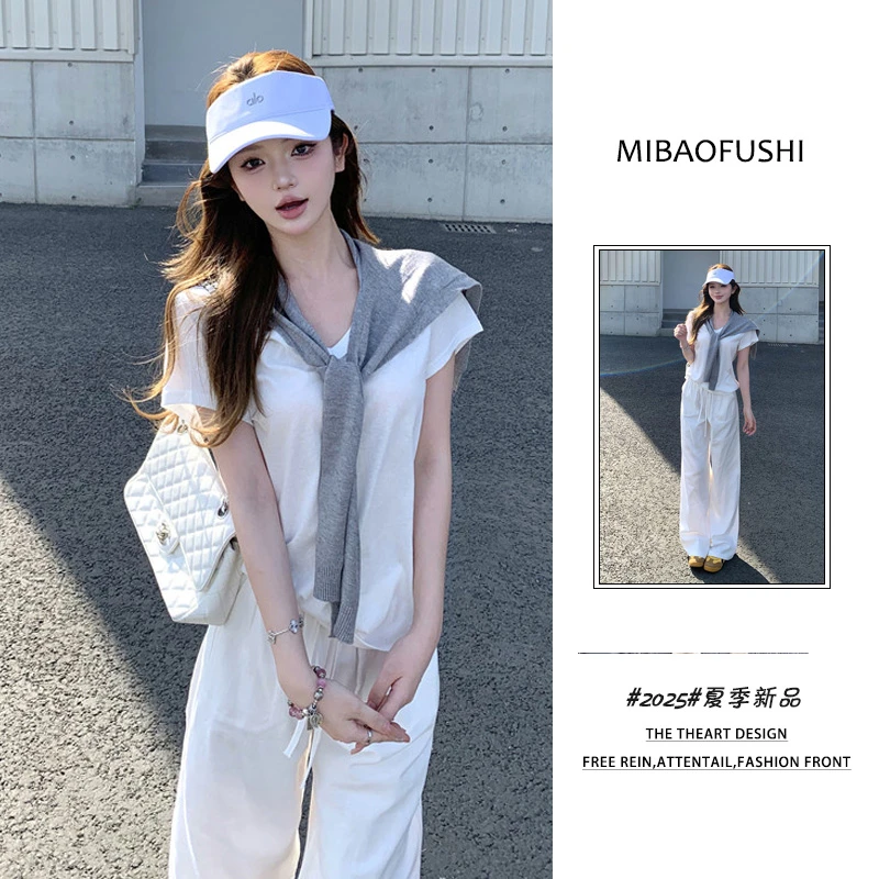 【现货】夏季穿搭一整套2025新款韩系披肩V领T恤高腰阔腿裤三件套