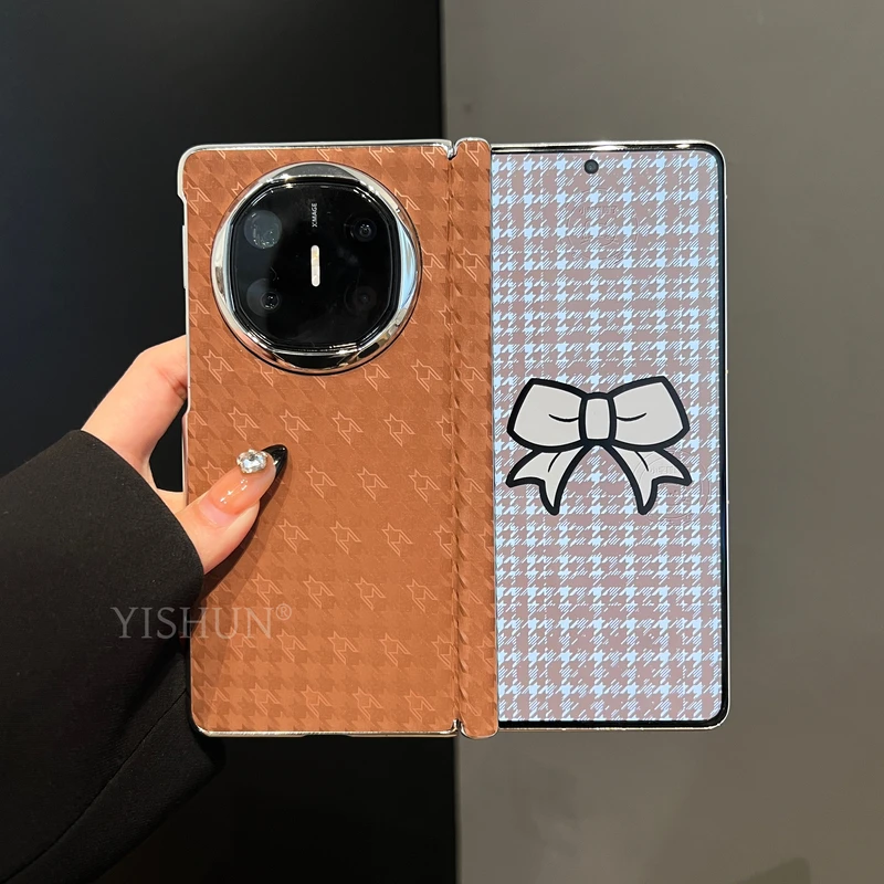 适用华为x6折叠屏手机壳新款轻奢高级感千鸟纹丝绒皮质中轴保护ma