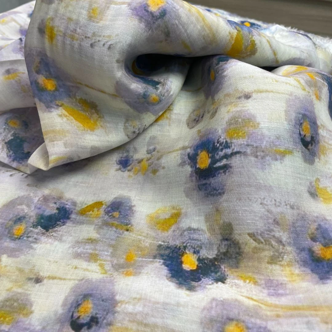 42支苎麻 淡蓝小黄花 连衣裙 上衣 布料
