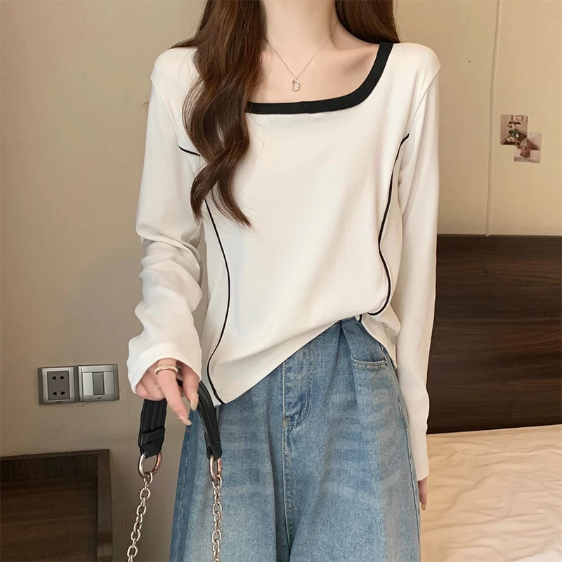 大码辣妹撞色鱼骨方领正肩长袖t恤女春秋胖mm遮肚子显瘦打底上衣