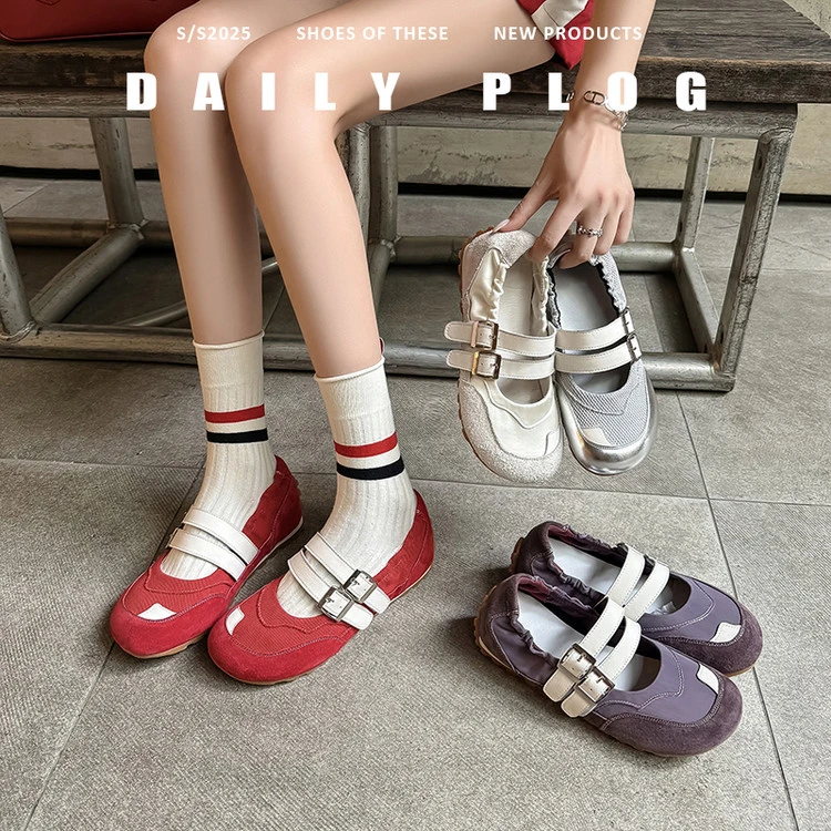 真皮芭蕾风红色德训鞋女2025新款玛丽珍透气内增高蛋卷软底休闲鞋