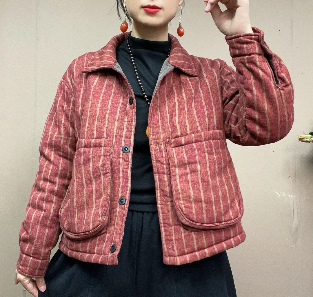 ZX冬季设计师款外套棉衣条纹宽松时尚网红休闲潮流复古百搭棉服