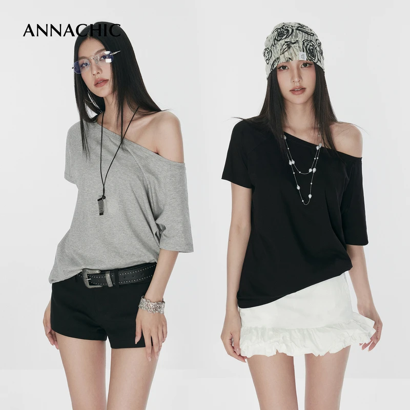 ANNACHIC花灰色一字领露肩短袖T恤女夏季内搭打底衫宽松显瘦上衣