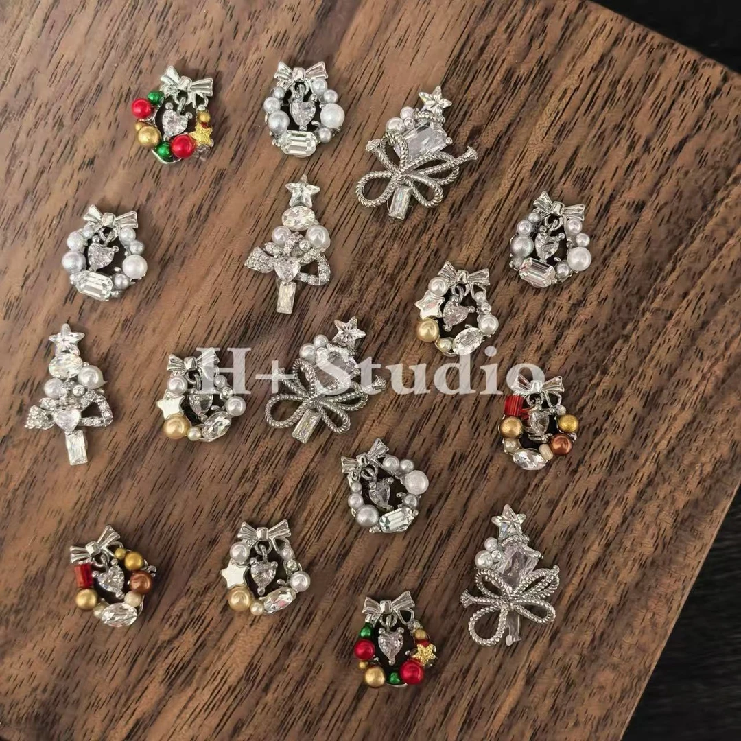 【H+】圣诞系列手工堆钻圣诞珍珠花环圣诞树美甲饰品