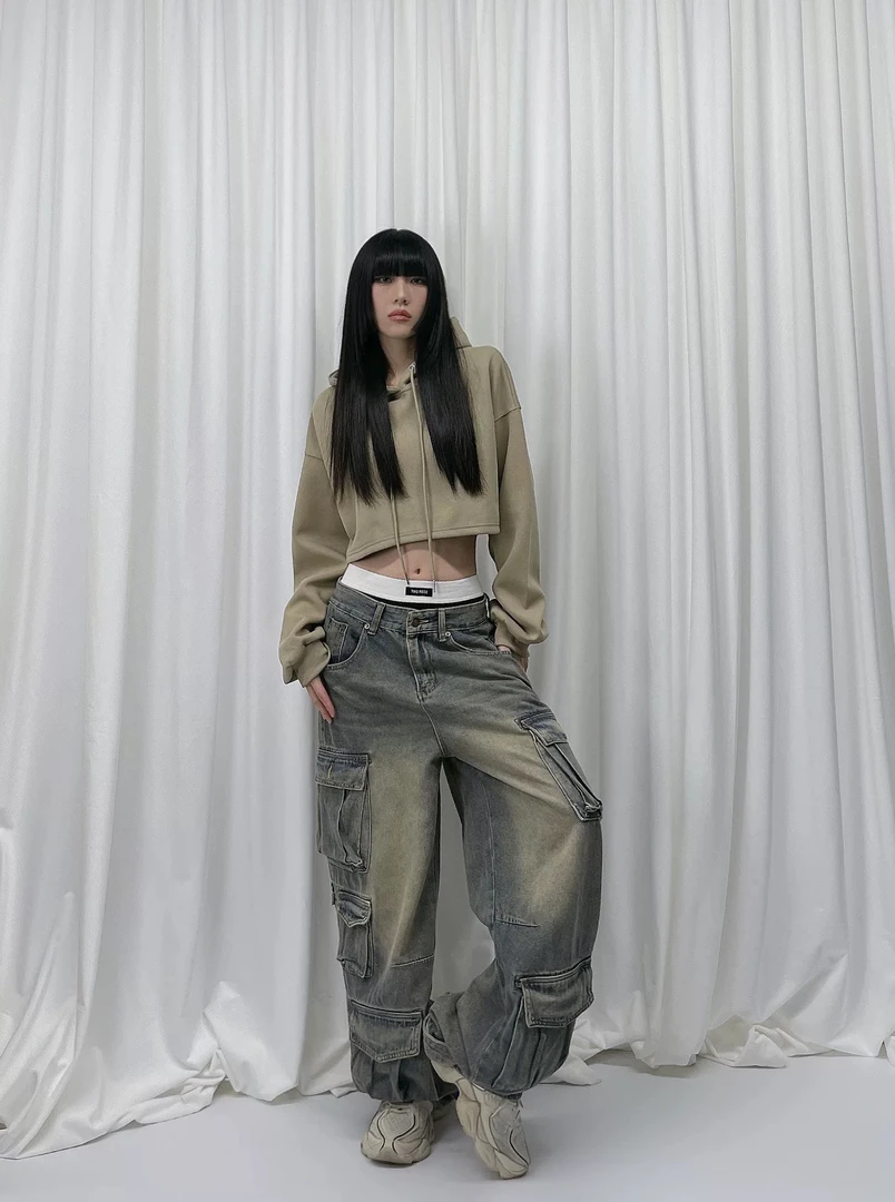 美式复古工装牛仔裤高腰宽松显瘦直筒阔腿拖地长裤女夏季