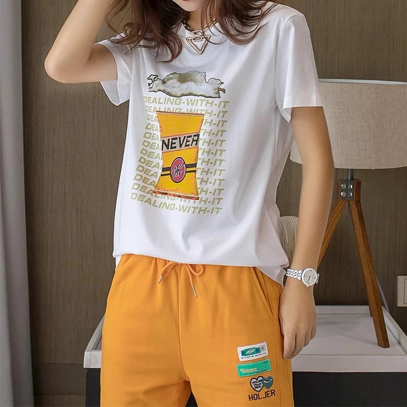欧洲站夏季新款洋气打底小衫显瘦直筒短袖白色天丝字母印花T恤女