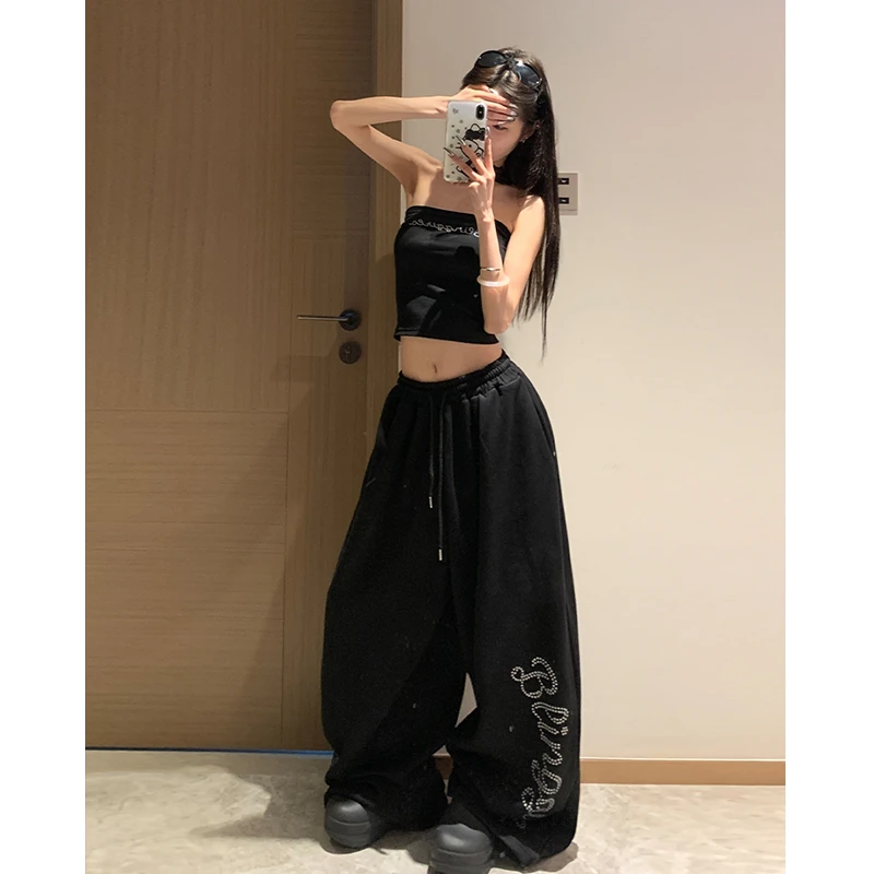 Two Million/叛乱宣言套装 烫钻修身吊带背心女束脚拖地裤两件套