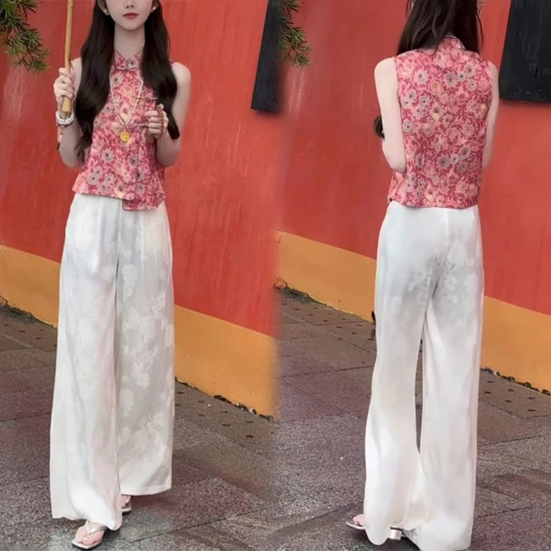 休闲风提花无套装女2025夏季新款袖马甲上衣垂感显瘦休闲裤两件套