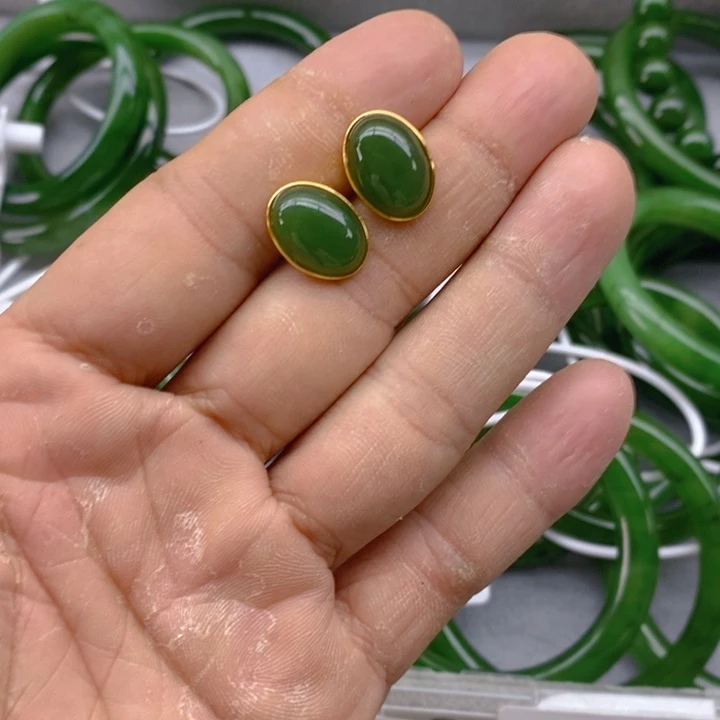 和田玉(碧玉)耳饰银S925镶嵌