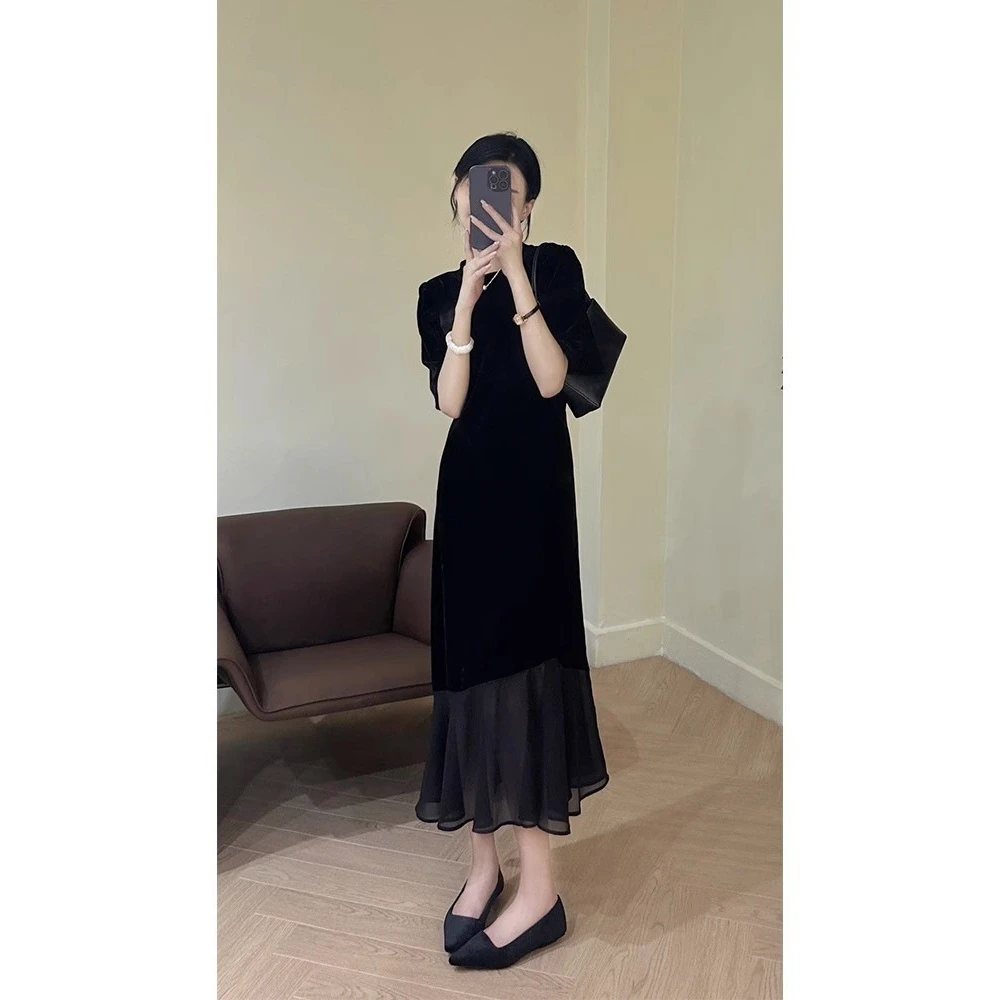 战袍爆款气质夏季女装2025秋季新款黑色裙子画报夫人长款连衣裙