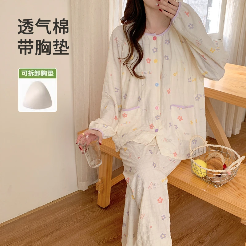 【100纯棉棉纱】喂奶月子服哺乳孕妇夏天睡衣夏季5产妇67月薄款8