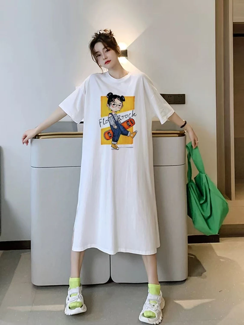 女夏季短袖设计感中长款显瘦连衣裙女韩系慵懒风裙子印花韩版大码