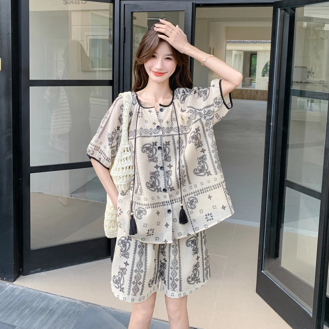 波西米亚民族风巨好看绝美印花套装女夏季2025新款短袖短裤两件套