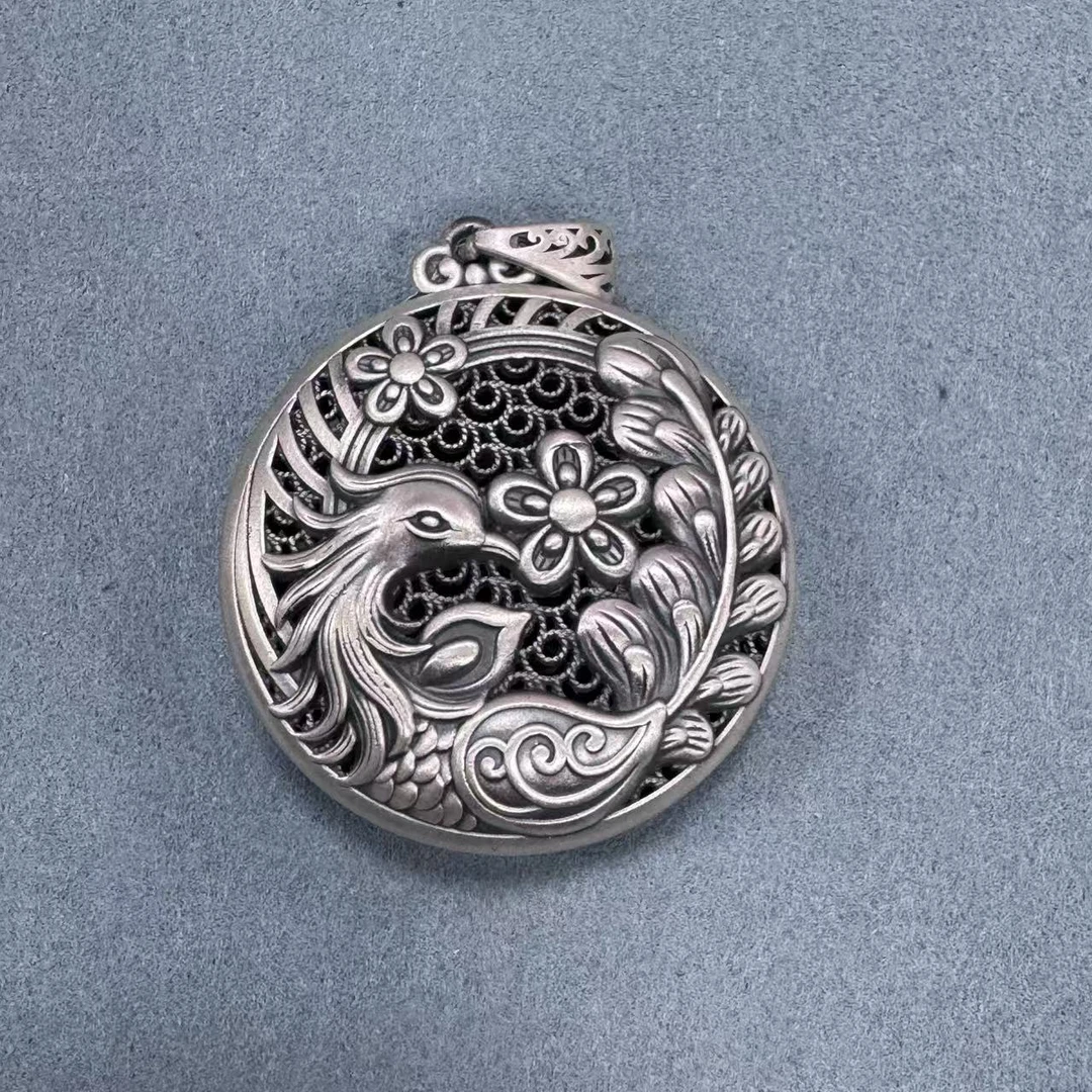 九乐 吊坠足银 掐丝五福花孔雀圆吊坠