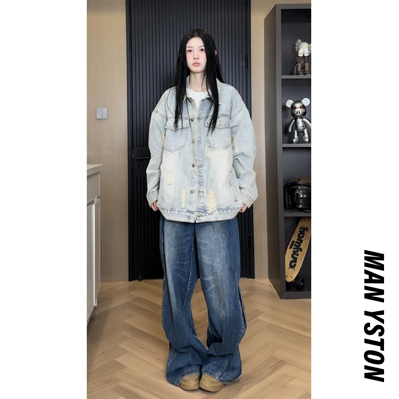 美式水洗破洞复古做旧牛仔外套春季高街情侣装休闲夹克宽松潮流