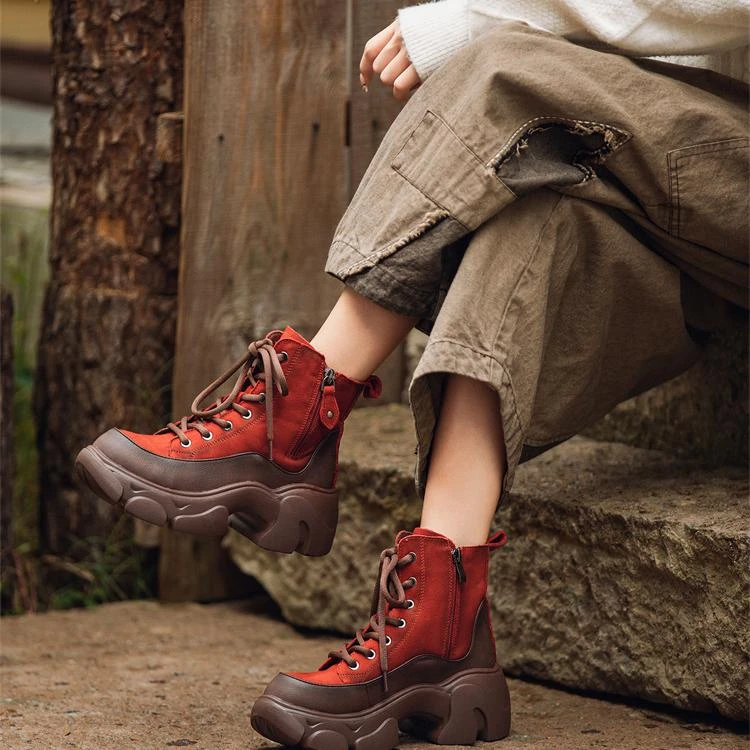 【奥莱撤柜】洁缇冬季首层牛皮天鹅绒加厚靴女羊毛红色短靴皮制厚底