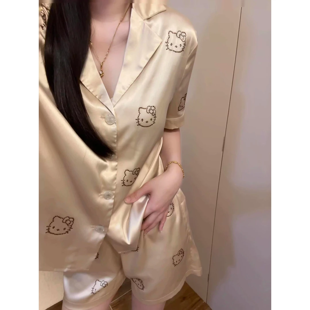 【法式高级感】冰丝睡衣女2025新款小众烫钻Kitty可外穿家居服套装