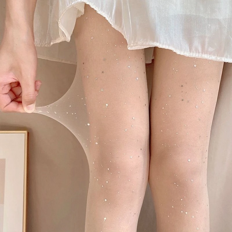 薄闪光点点星星丝袜白色纯欲b银丝美腿黑丝美肤袜亮片丝袜