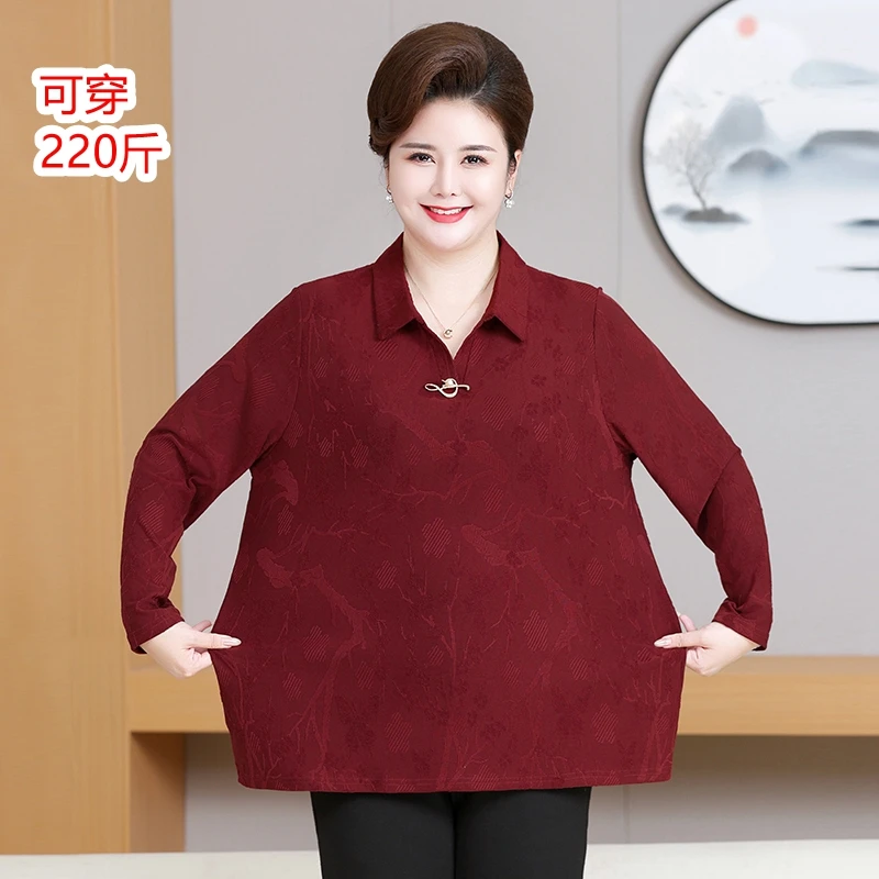 中老年女装妈妈秋装翻领打底衫长袖T恤胖mm加肥大码衬衫宽松上衣
