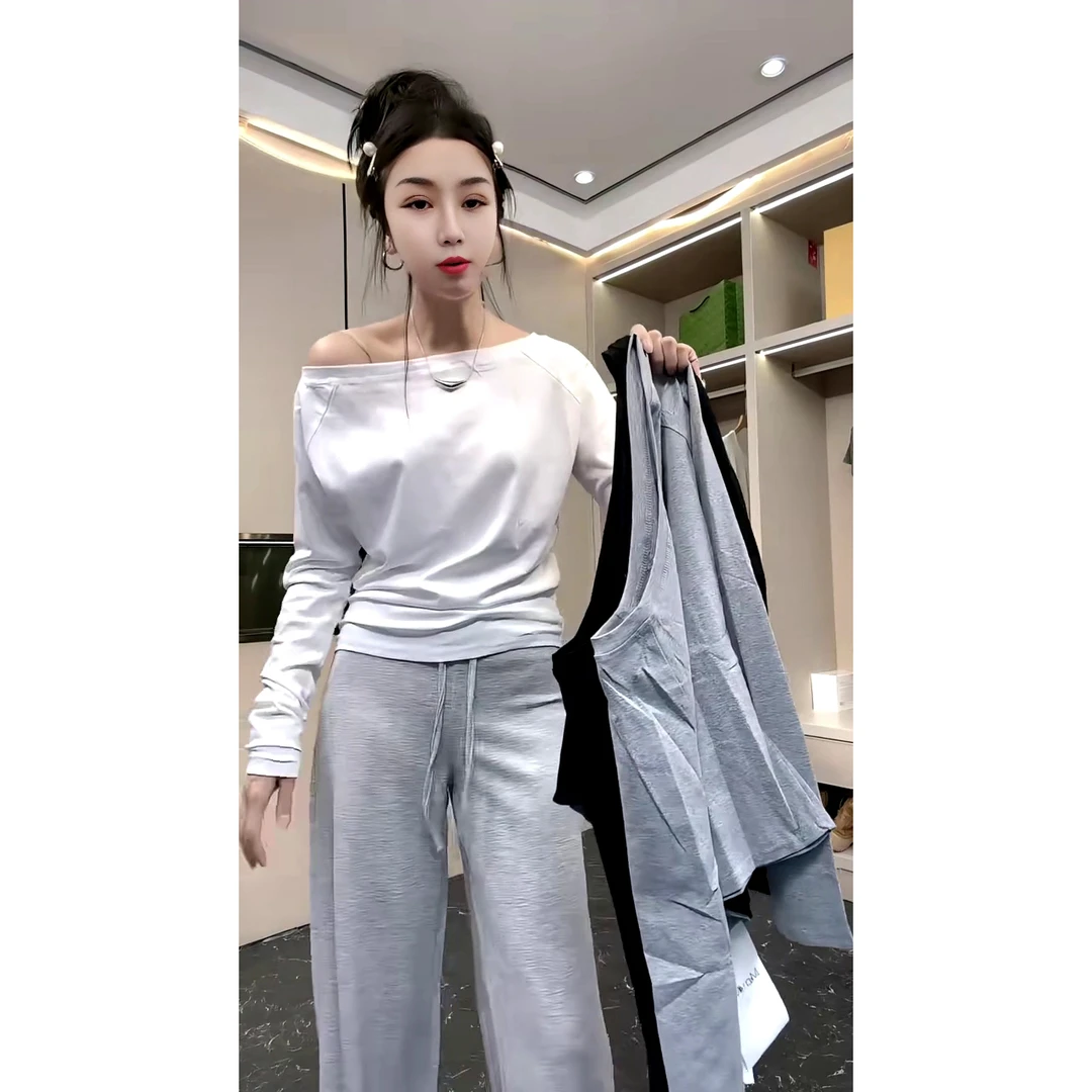 早秋洋气时尚不规则净版斜肩小衫T恤露肩长袖