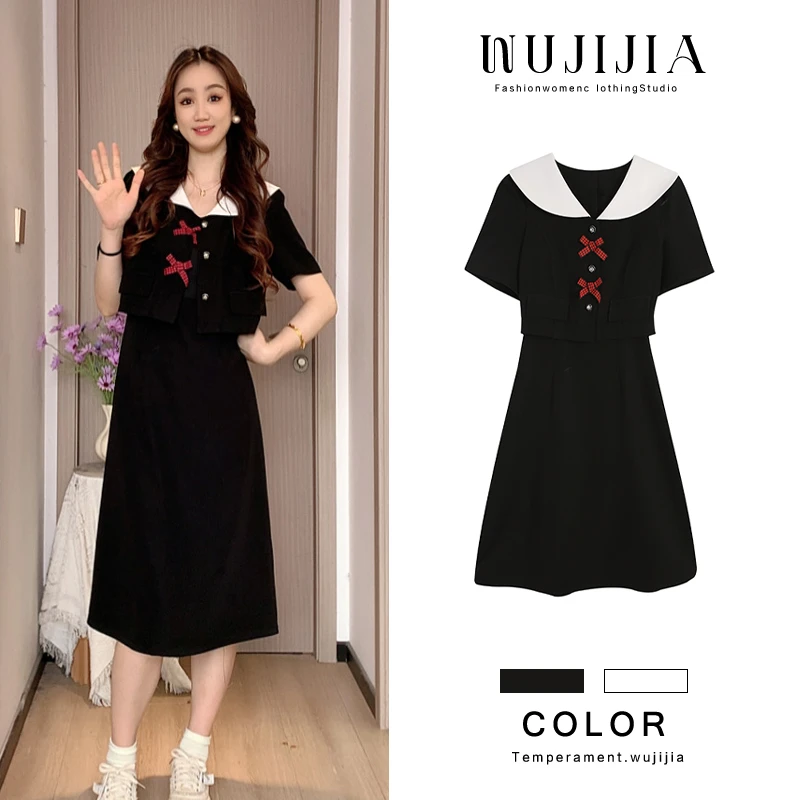 黑色连衣裙显瘦气质拼接夏装夏季假两件小黑裙裙子ZL54766