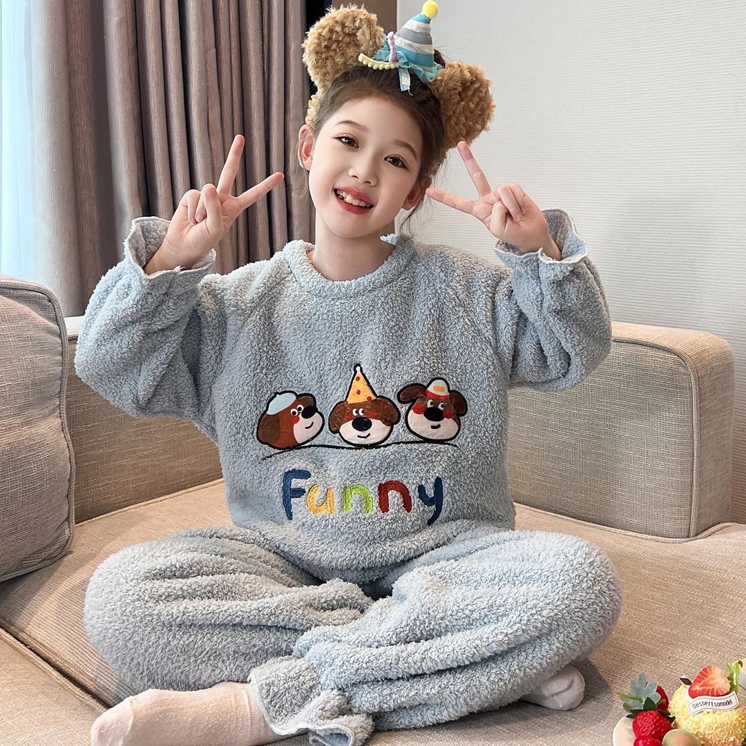 卡通圆领儿童睡衣冬季半边绒女孩法兰绒亲子中大童珊瑚绒家居套装