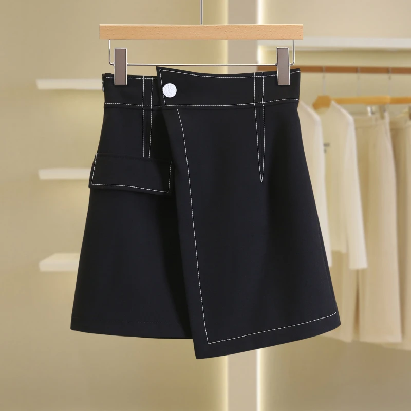 【伍莎-自营】不规则高腰显瘦气质明线短裙#POS48Q043